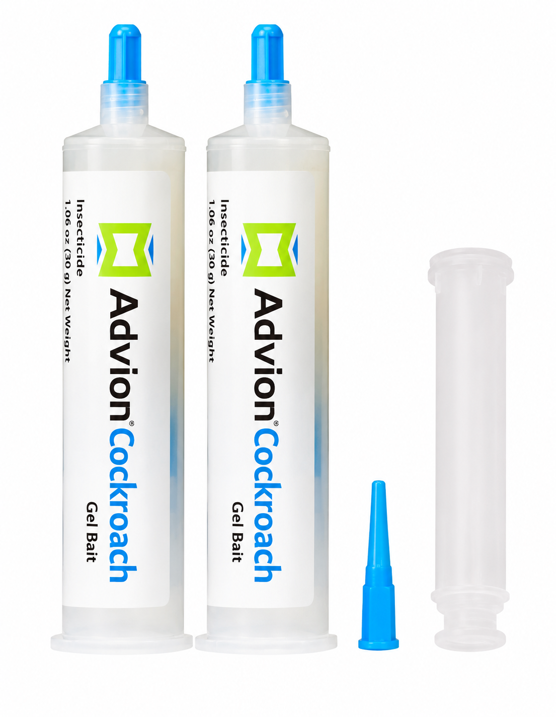 Two white tubes of Advion Cockroach Gel Bat with blue caps, shown alongside a small blue applicator tip and a clear plastic syringe on a white background.