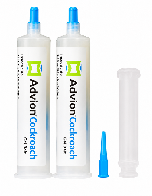 Two white tubes of Advion Cockroach Gel Bat with blue caps, shown alongside a small blue applicator tip and a clear plastic syringe on a white background.