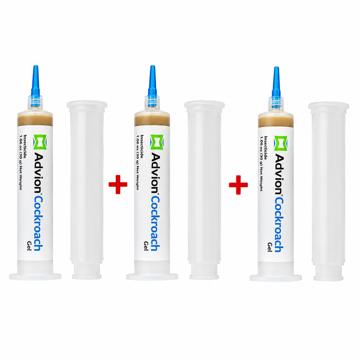 Advion Cockroach Gel bait cartridge with blue applicator tip and clear protective sleeve on a white background, featuring a 100% Original badge.
