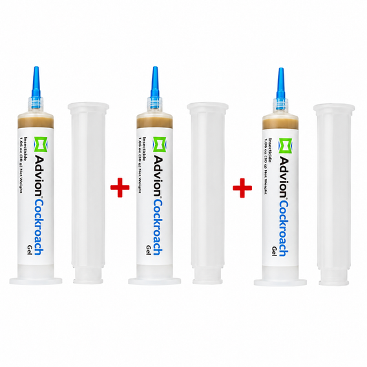 Advion Cockroach Gel bait cartridge with blue applicator tip and clear protective sleeve on a white background, featuring a 100% Original badge.
